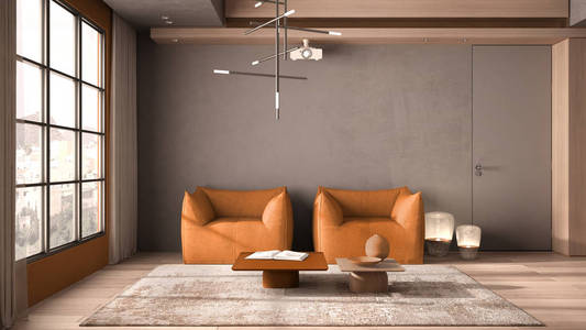 极简主义客厅，橙色色调，木质和混凝土细节，带窗帘的窗户，拼花地板，扶手椅，地毯和咖啡桌，头灯，室内设计理念