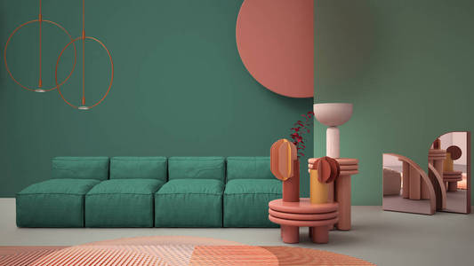 绿松石色的现代客厅，柔和的颜色，沙发，花瓶，地毯，咖啡桌，磨砂玻璃板，铜吊灯。室内设计氛围建筑理念