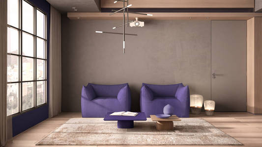 极简主义客厅，紫色色调，木质和混凝土细节，带窗帘的窗户，拼花地板，扶手椅，地毯和咖啡桌，头灯，室内设计理念
