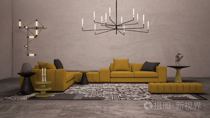 彩色客厅，水泥灰泥墙和地板，休息室配有大黄色沙发边桌和花色地毯壁灯和吊灯，世博会室内设计理念