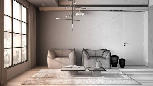 建筑师室内设计师概念未完成的项目，成为现实，极简主义客厅，窗户窗帘，拼花地板，扶手椅，地毯，桌子和花色。设计理念