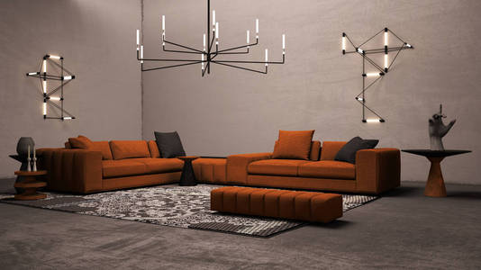 彩色客厅，水泥灰泥墙和地板，休息室配有大型橙色沙发边桌和花色地毯壁灯和吊灯，世博会室内设计理念