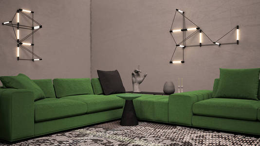 彩色客厅，水泥灰泥墙面和地板，休息室配有大型绿色沙发边桌和花色地毯壁灯世博会室内设计理念