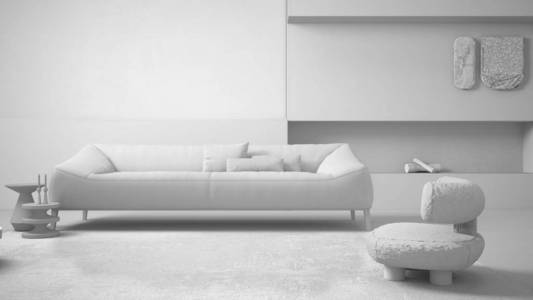 全白色项目草案，优雅的客厅与壁炉。带枕头地毯扶手椅边桌花瓶花色吊灯的大沙发。现代室内设计