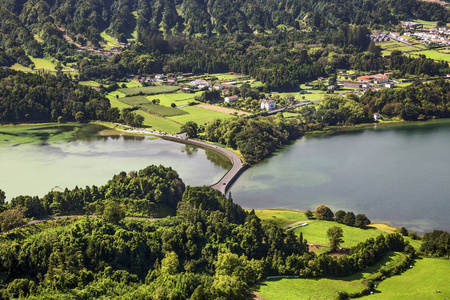 Picturesque view of the Lake of Sete Cidades, a volcanic crater 