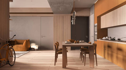极简主义厨房，带橙色餐厅，木质和混凝土细节，两人餐桌，椅子，拼花，扶手椅，吊灯，室内设计理念