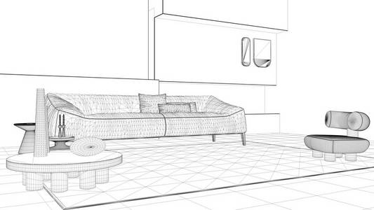 蓝图项目草图,带壁炉的优雅客厅.