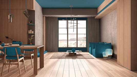 极简主义厨房，餐厅采用蓝色色调，带有木制和混凝土细节，餐桌可供两人使用，椅子拼花地板扶手椅吊灯室内设计理念