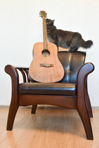 原声六弦吉他和复古皮革扶手椅图片