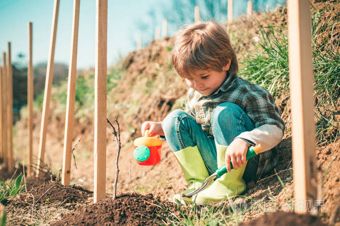在花园里浇花拿着铲子和水壶的小农夫乡村时光儿童保育植物生态农场