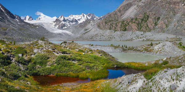 Scenic panoramic view, small lakes of different colors, glacial 