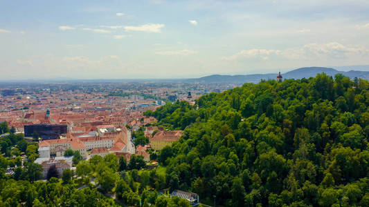 Graz, Austria. The historic city center aerial view. Mount Schlo