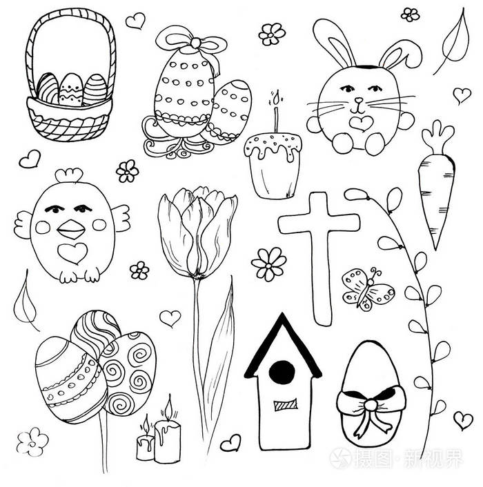 复活节涂鸦集手工绘制复活节涂鸦集孤立的白色背景