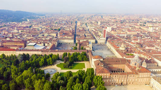 Turin, Italy. Flight over the city. Historical center, top view