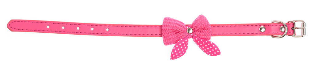 Pink pet collar with polka dots and bow tie isolated over white 