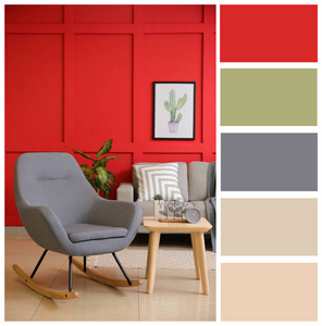现代客房内部配有舒适的扶手椅和桌子。不同的颜色图案