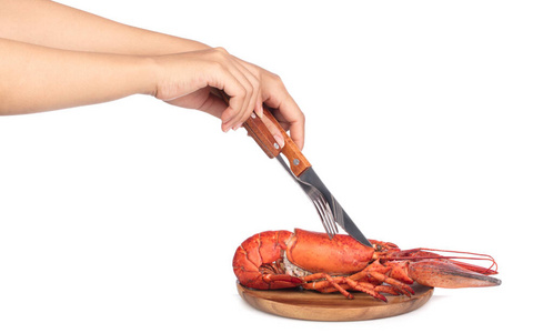 西餐吃龙虾手拿叉子用刀在盘子里吃龙虾海鲜照片