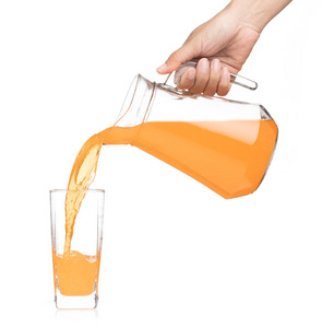 hand pouring Peach fruit juice isolated on a white background 