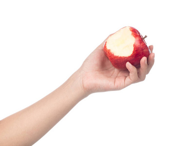 hand holding red apple isolated on white background. 