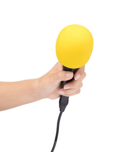 hand holding a microphone with sponge on head isolated on white 