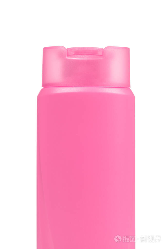 白色背景上隔离的粉红色塑料瓶香波