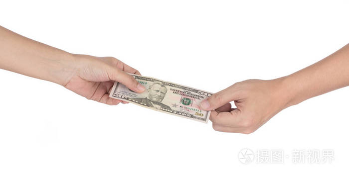 手给50美元钞票孤立在白色背景