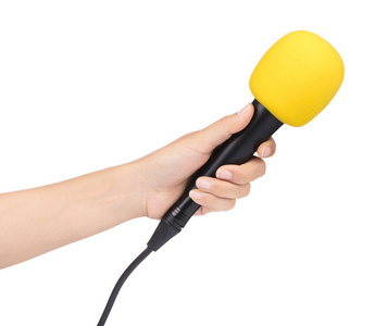 hand holding a microphone with sponge on head isolated on white 