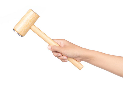 hand holding wood hammer with a rubber handle isolated on white 