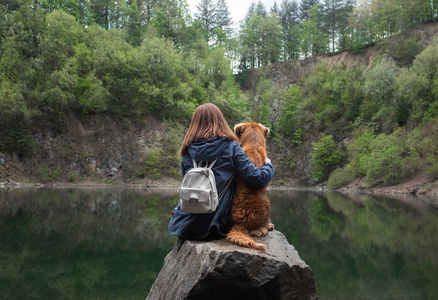 坐在湖边的狗图片
