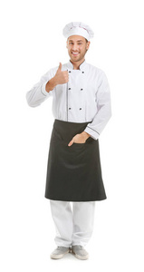 帅气男厨师在白色背景上竖起大拇指