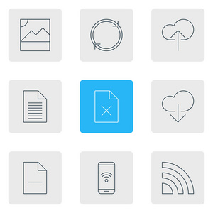 9个网络图标的插图线条样式。可编辑的重新加载数据上载空白和其他图标元素集。