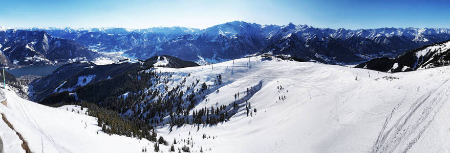 Zell am See和Kaprun旅游资源航空广角全景图