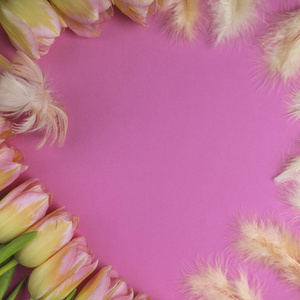 复活节背景，粉红色郁金香，白色蕾丝和羽毛