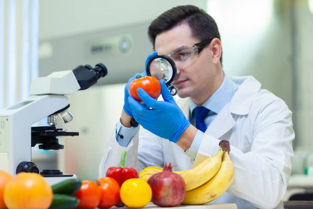 化验员检查水果和蔬菜，分析杀虫剂和硝酸盐。