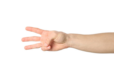 男性手显示三个手指，孤立在白色背景上