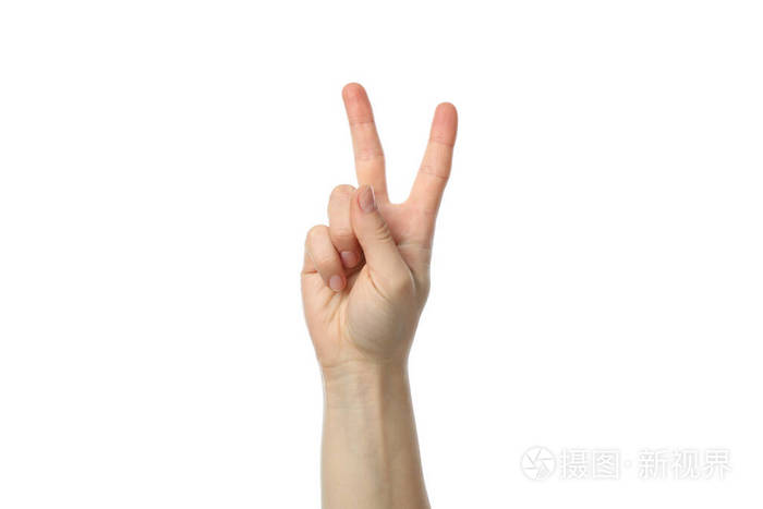 女性手显示两个手指，孤立在白色背景上