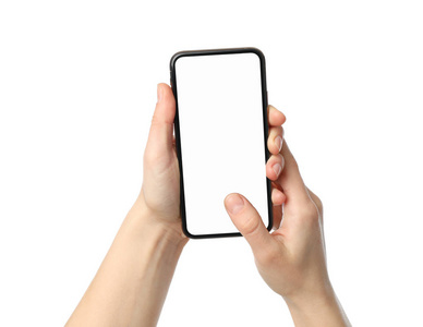 Female hands holding phone with empty screen, isolated on white 