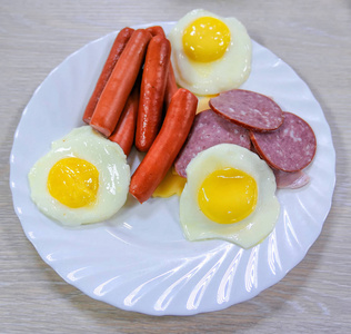 Morning nutrition for breakfast with fried eggs and sausages 