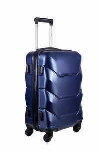 白色背景下隔离的蓝色行李箱