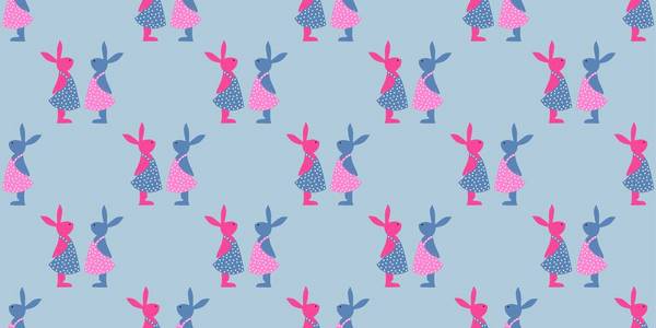 复活节背景。明亮的无缝图案。复活节兔子。蓝色和粉色。。
