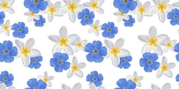 春花图案。鲜花。漂亮的无缝图案。蓝色和白色的花瓣。面料和纺织品的完美设计。。
