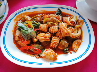 泰语 食物 海鲜 厨房 饮食 美食家 晚餐 蔬菜 鱿鱼 辣椒