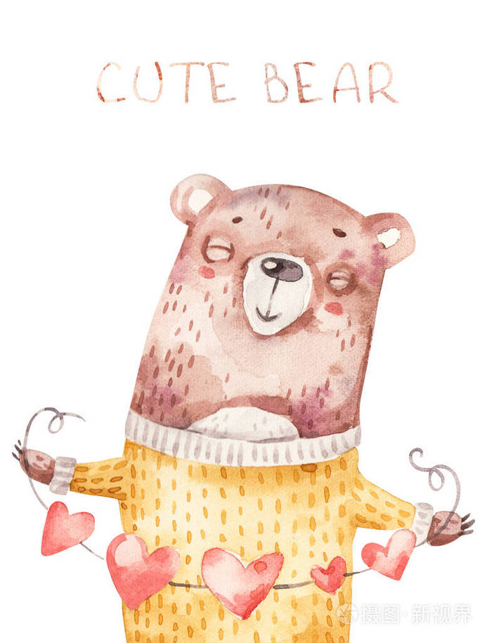 海报和手绘肖像卡通熊微笑的脸和心爱花环水彩画波西米亚苗圃手绘插图