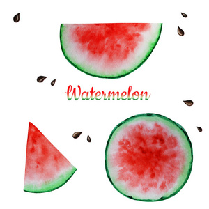 西瓜片水果套水彩手绘插图，新鲜健康食品天然有机食品隔离白色背景。