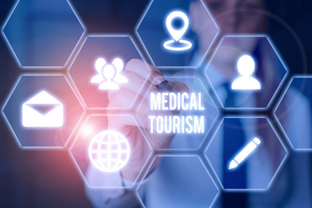 写医疗旅游说明。商业照片显示出国旅游接受医疗护理。