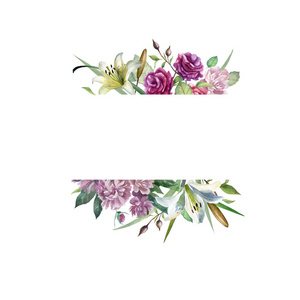 假日 框架 花束 插图 浪漫的 自然 百合花 卡片 玫瑰