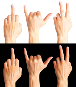 女性的手显示出三种不同的手势。
