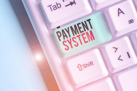 说明支付系统的书面通知。显示用于支付或结算金融交易的系统的商业照片。