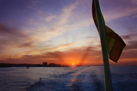 暮光 假期 地平线 马约卡 旗帜 西班牙 阳光 轮廓 全景