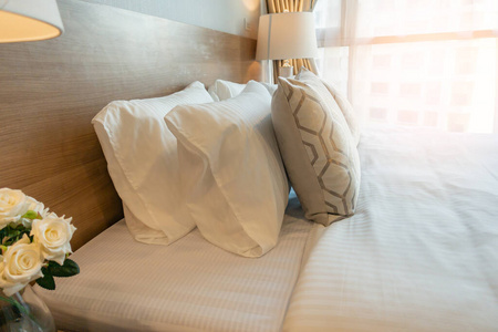 安慰 软的 枕头 活的 纺织品 酒店 窗帘 房间 特写镜头
